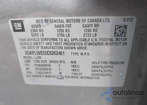 2012 GMC Terrain Slt-2 from USA, damaged, VIN 2GKFLWE55C6262461